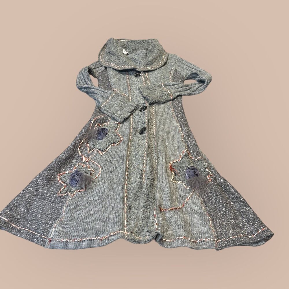 Forla Paris Sweater Womens Small Gray Floral Boho Art To Wear Lagenlook Button